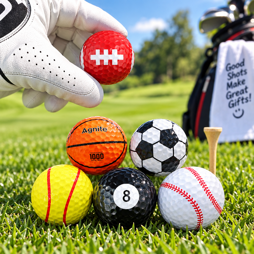 Colourful novelty golf balls on a green fairway