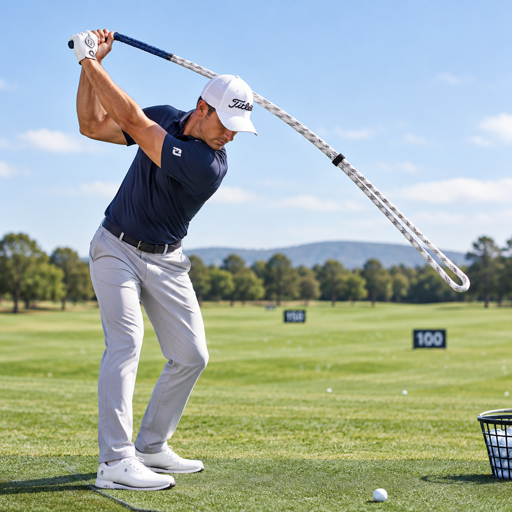 Golfer using the swing trainer rope on a driving range