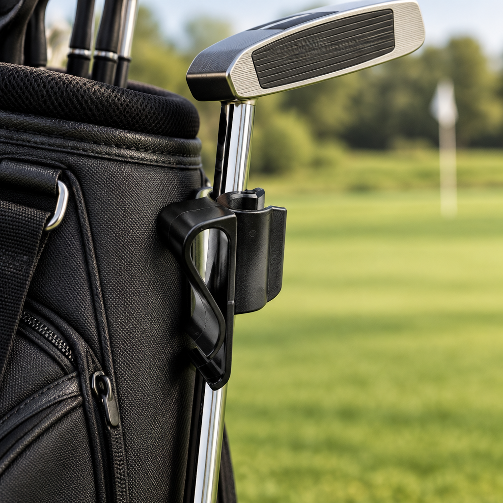 Putter clip holding a putter on a golf bag